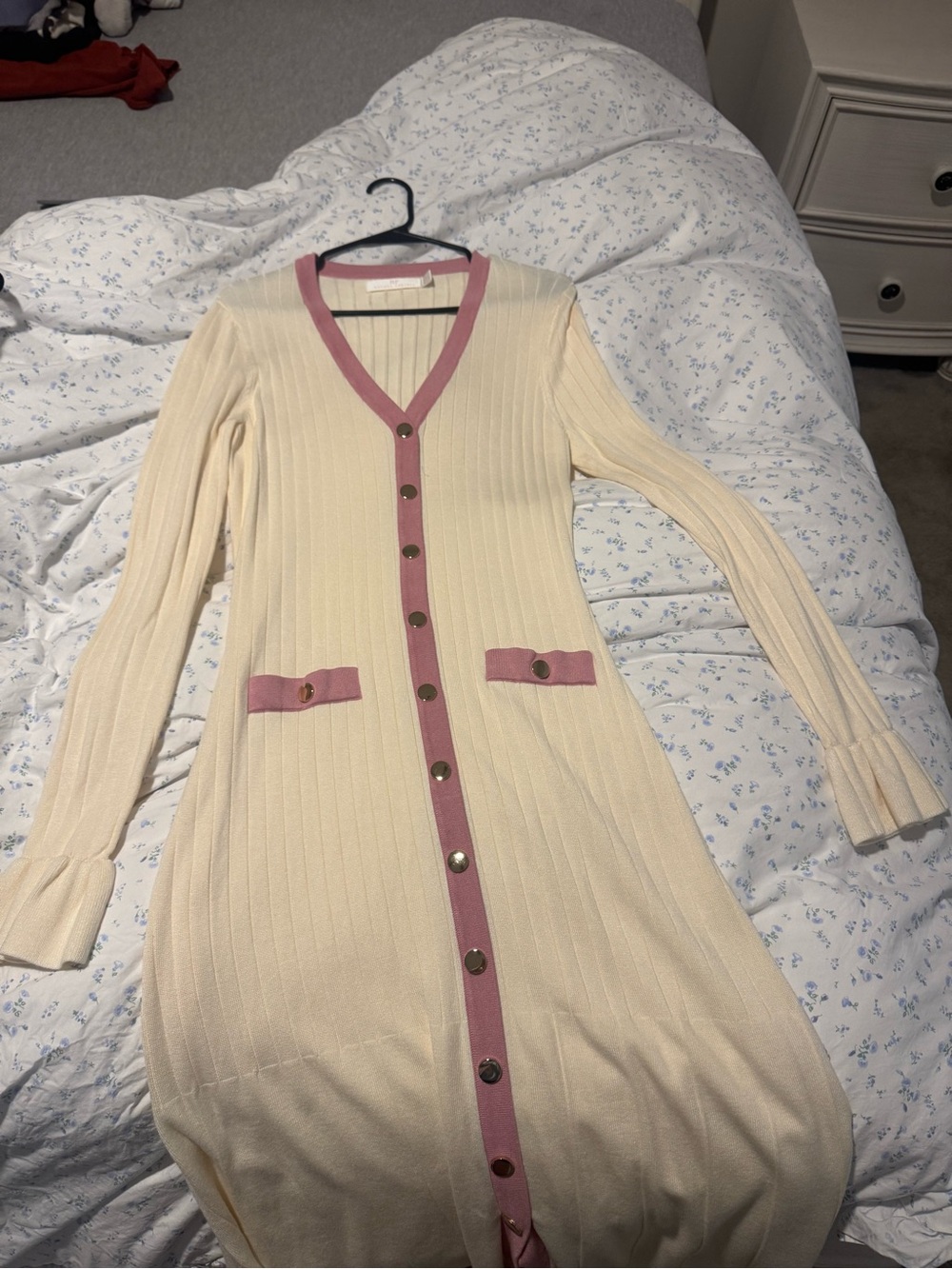 Rachel Parcell Cream Ribbed Button-Front Dress with Pink Trim